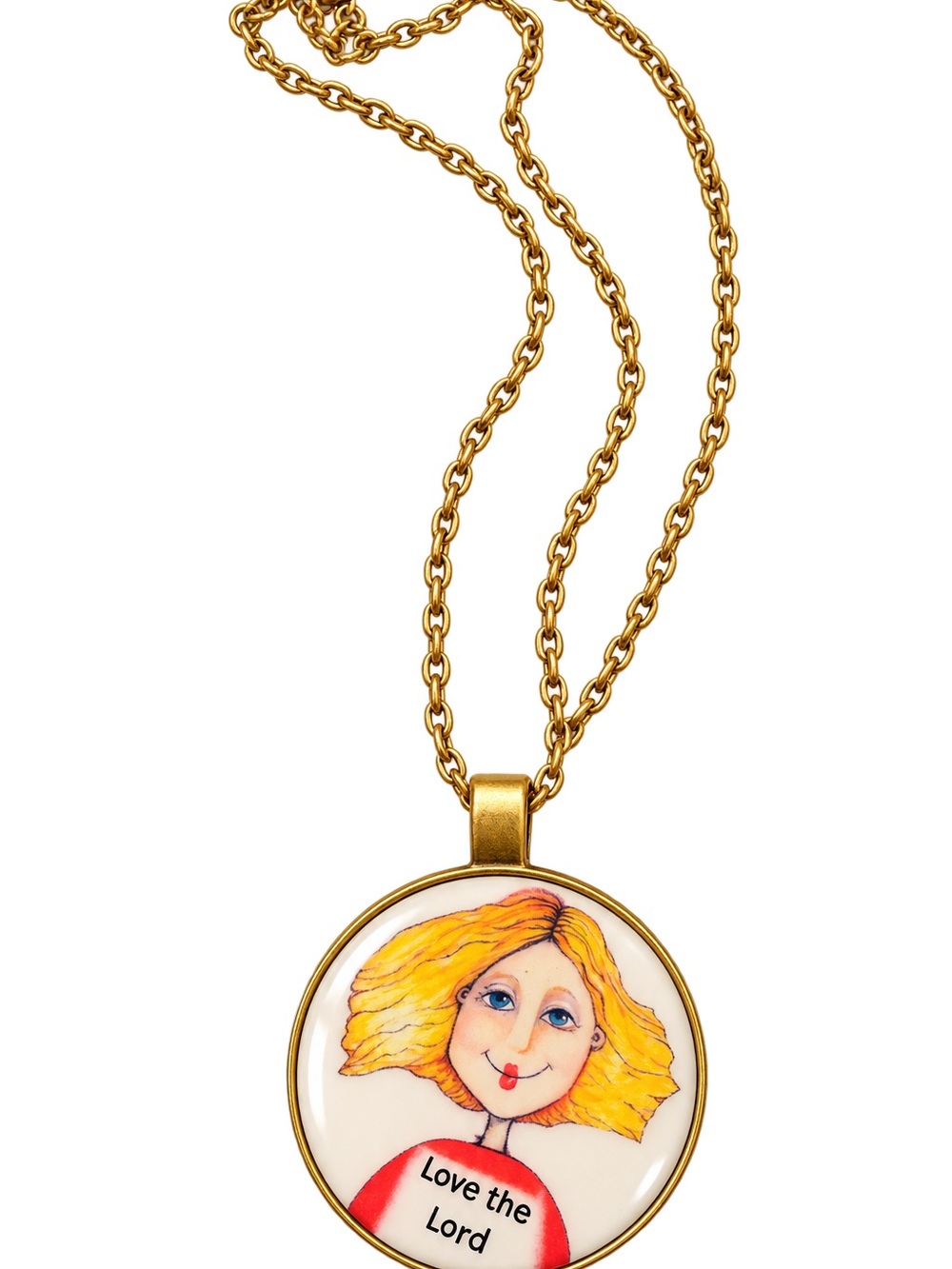 Gold Pendant Necklace with Illustrated 'Love the Lord' Woman